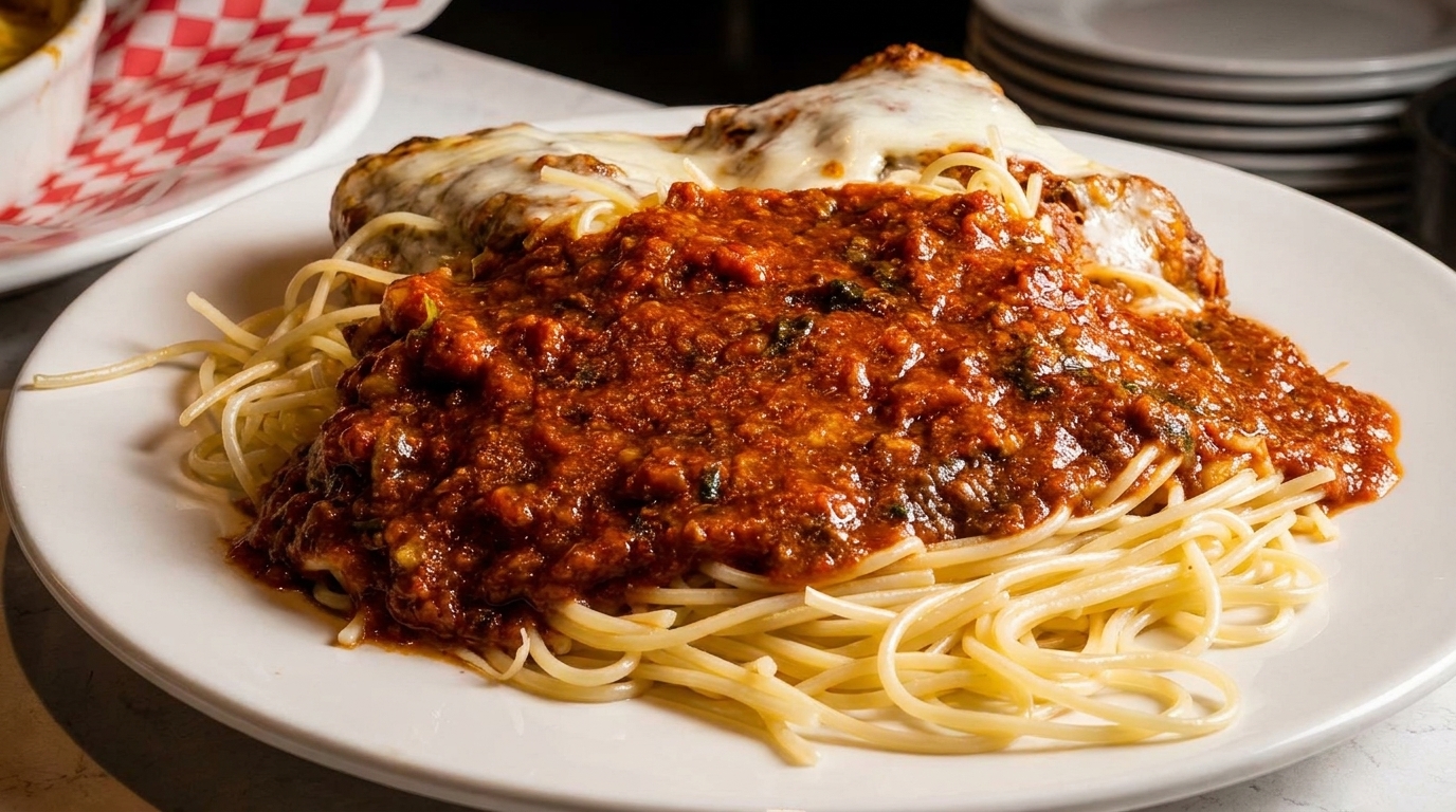 Spaghetti with rich red meat sauce and a chicken parmesan cutlet topped with melted cheese.