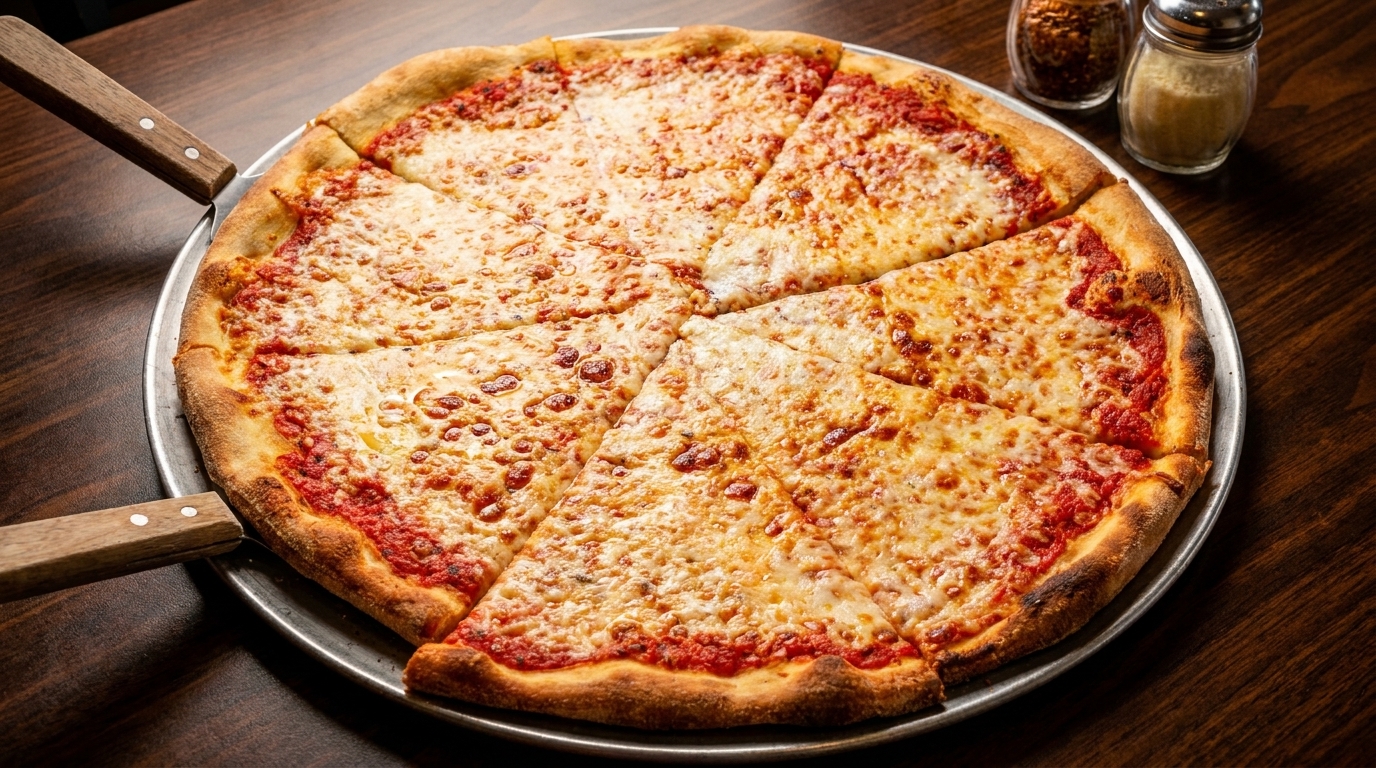 A large cheese pizza with eight slices on a metal pan, with shakers of spices nearby.