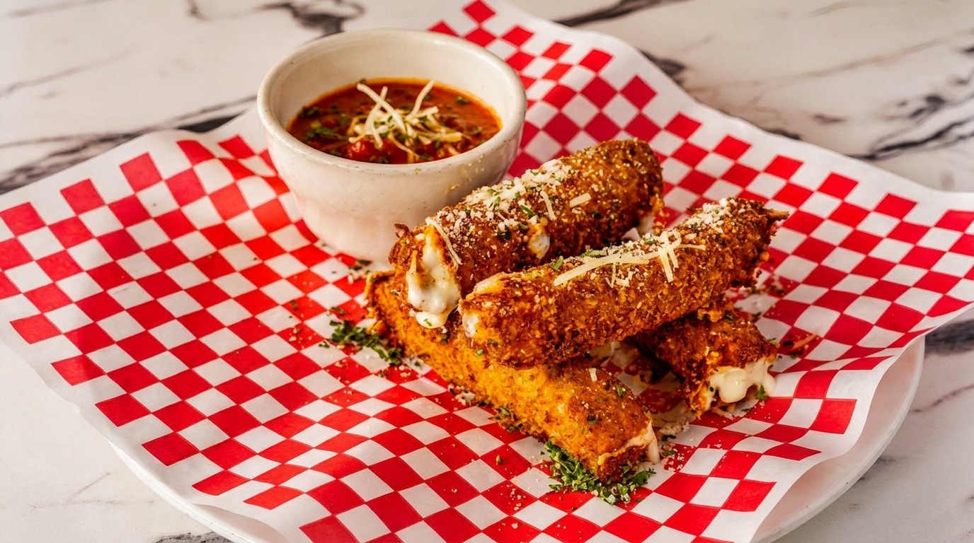 Golden-brown mozzarella sticks with melted cheese, sprinkled with herbs and parmesan, served with marinara sauce.
