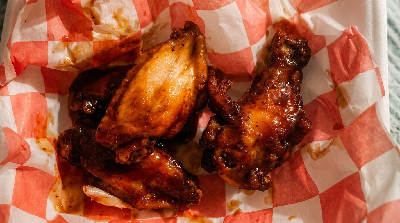 Close-up of several glossy, dark brown chicken wings in a red and white checkered paper-lined container.