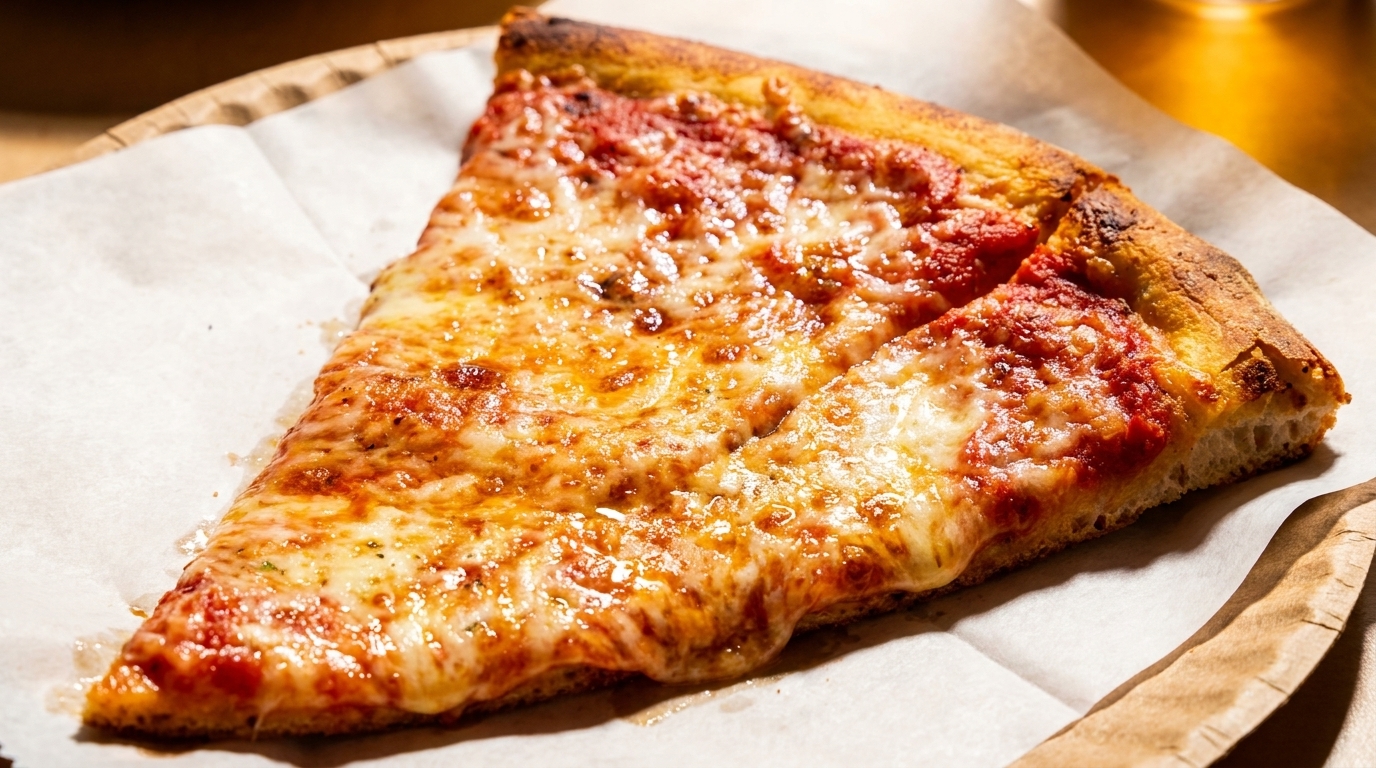 Close-up of a single slice of cheese pizza with melted mozzarella and red sauce on parchment paper.