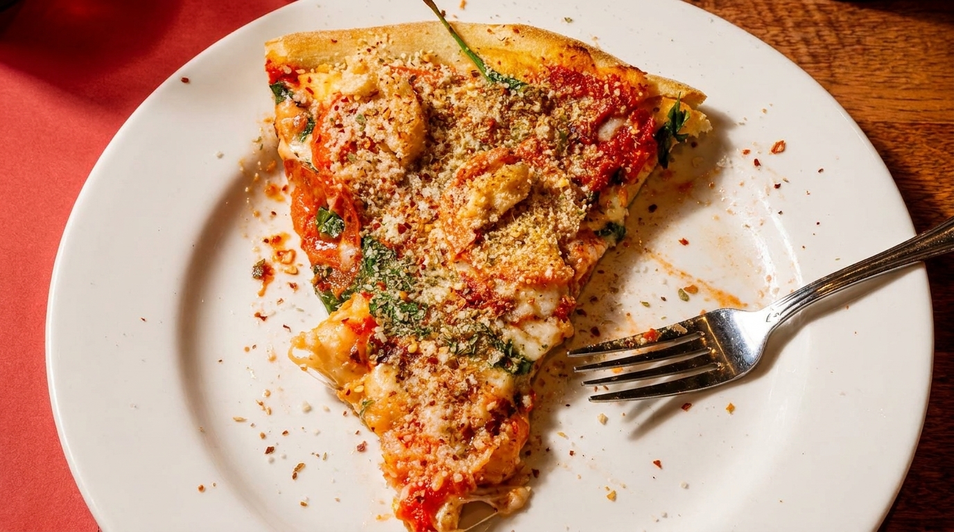 A slice of pizza with red sauce, cheese, and herbs on a white plate with a fork.