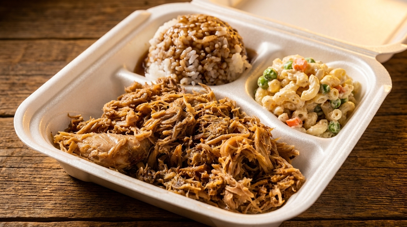 A takeout container with pulled pork, rice and gravy, and macaroni salad on a wooden table.