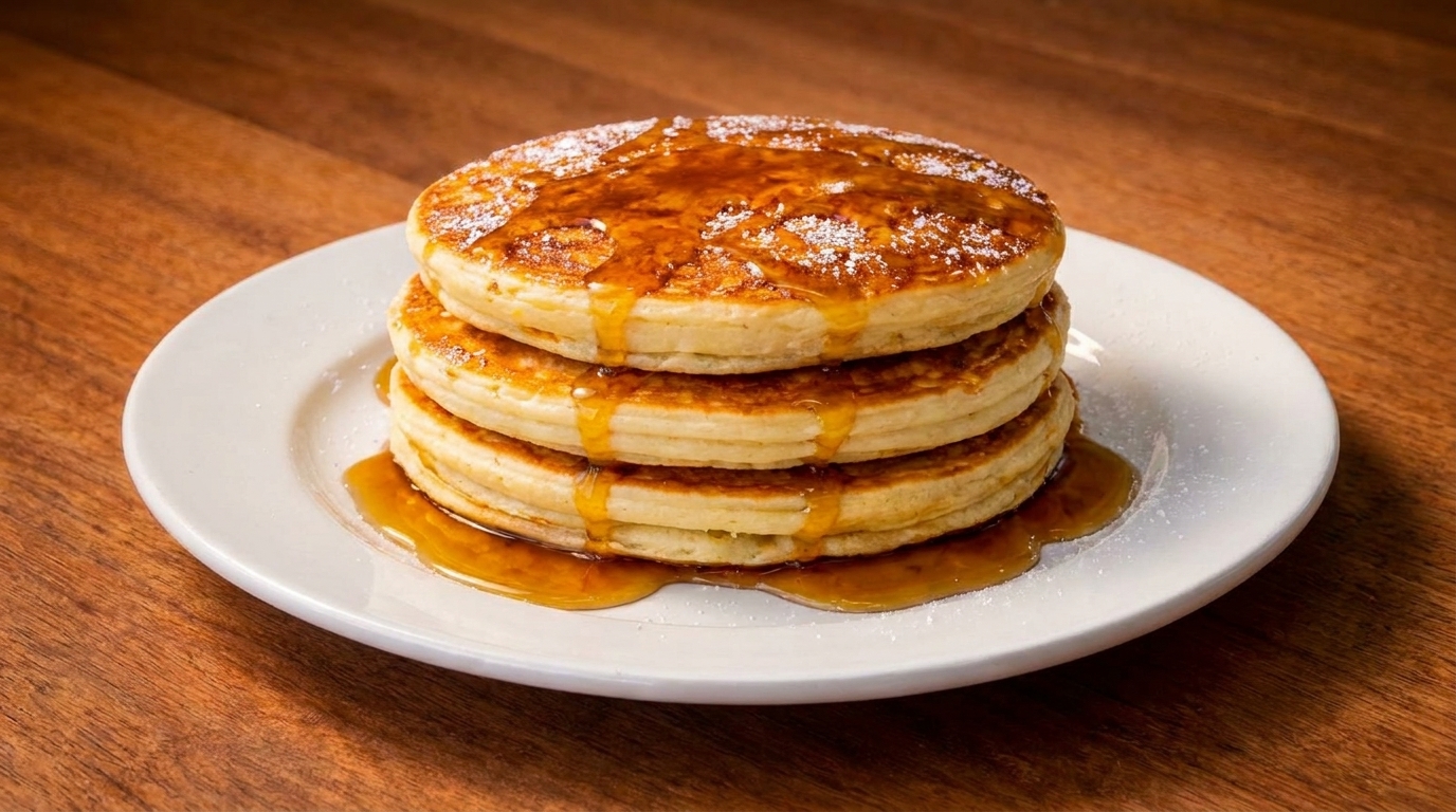 Stack of three golden pancakes drizzled with syrup and powdered sugar on a white plate.