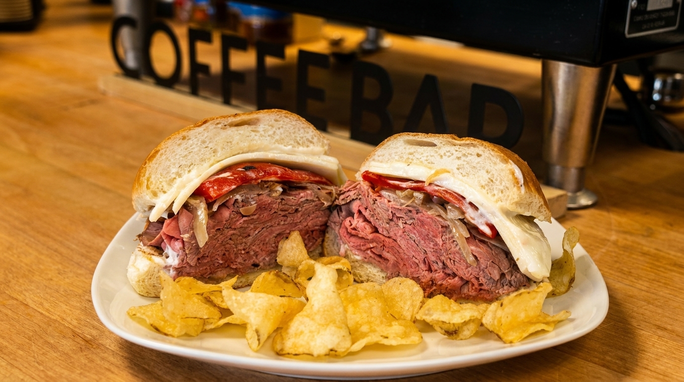 A sliced roast beef sandwich with cheese, peppers, and onions, served with potato chips.