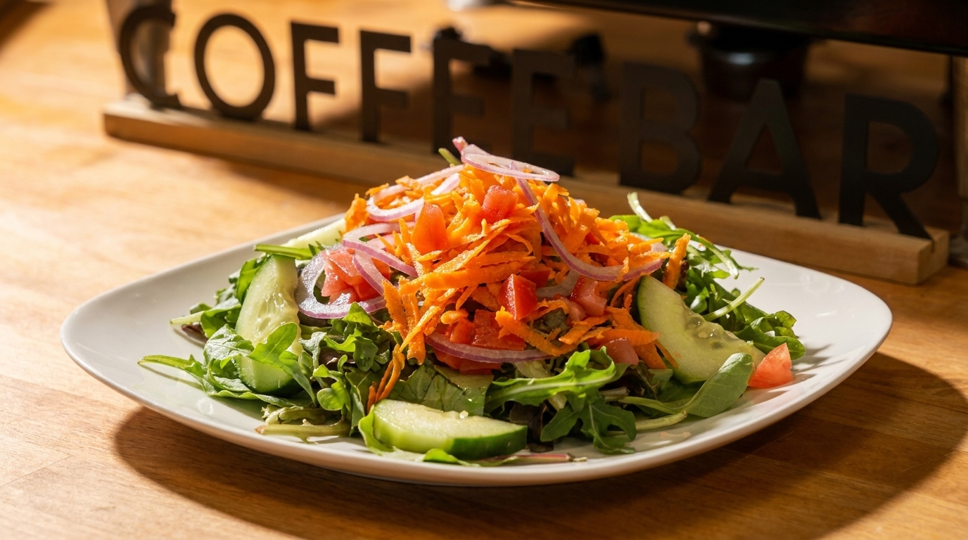 Fresh garden salad with shredded carrots, red onions, and cucumbers on a white plate.
