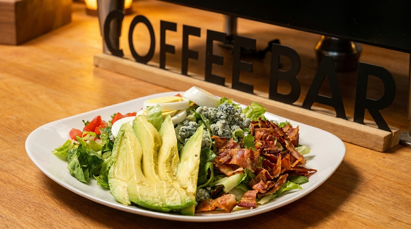Cobb salad with avocado, bacon, blue cheese, and hard-boiled eggs on a white plate.
