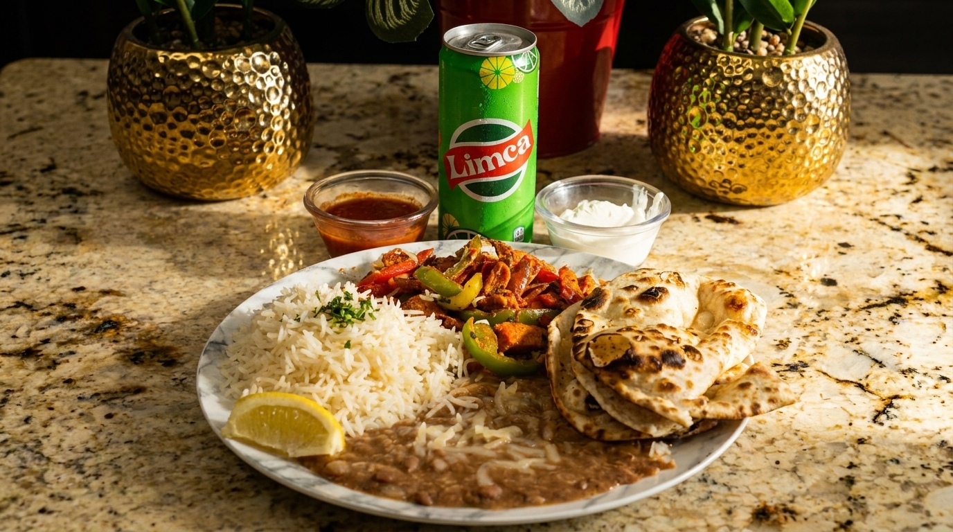 A plate of rice, beans, fajitas, and naan bread, with a Limca soda and sauces.