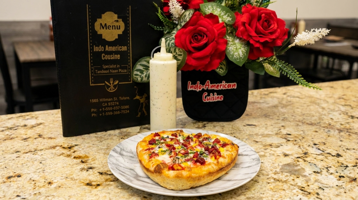 Indo-American Cuisine's Tandoori Naan Pizza on a marble plate, with menu and flowers.