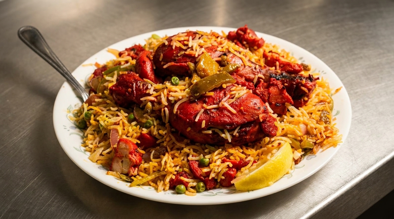A plate of chicken biryani with red chicken pieces, rice, peas, and a lemon wedge.