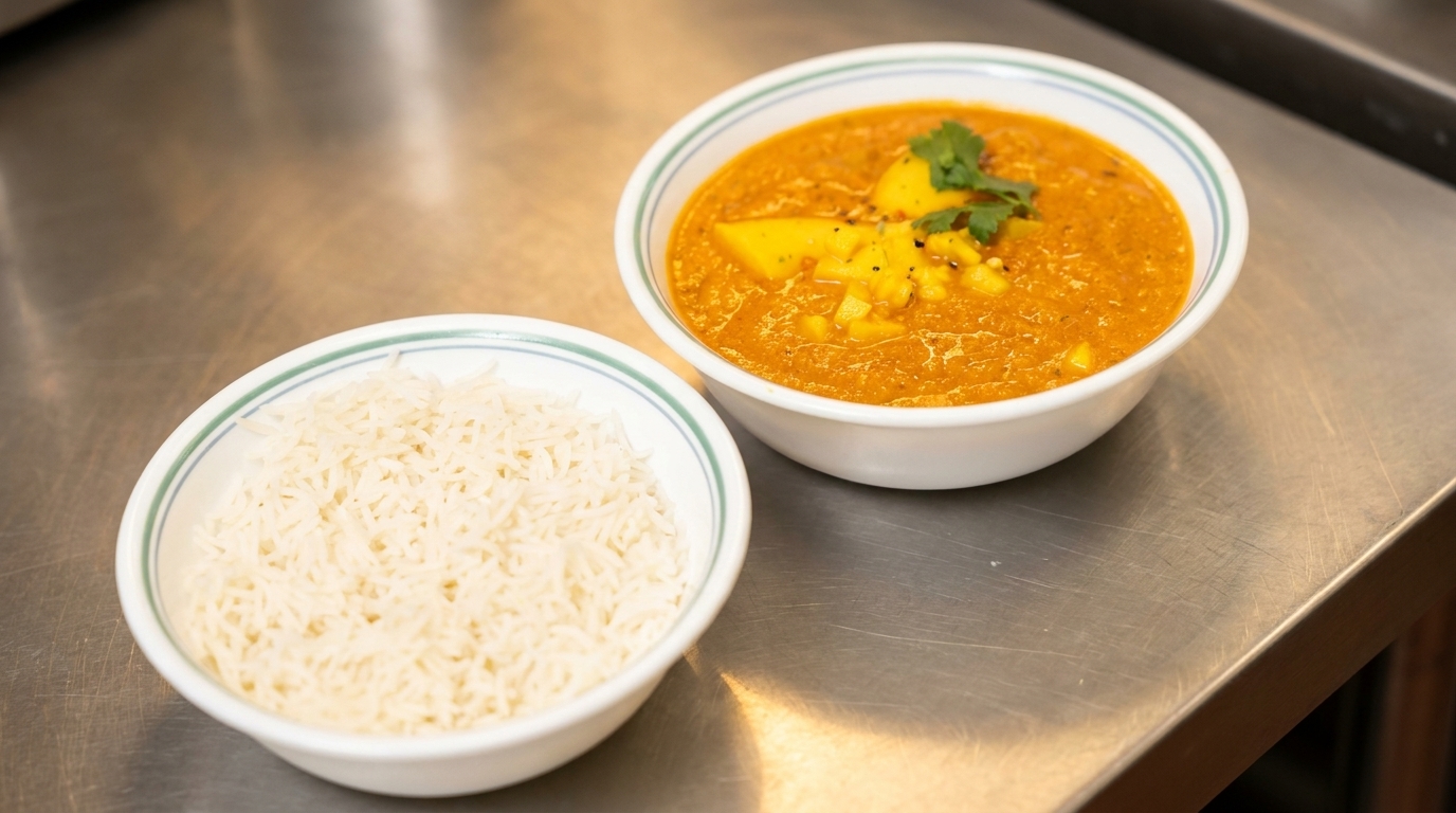 A bowl of yellow curry with potatoes and cilantro next to a bowl of white rice.