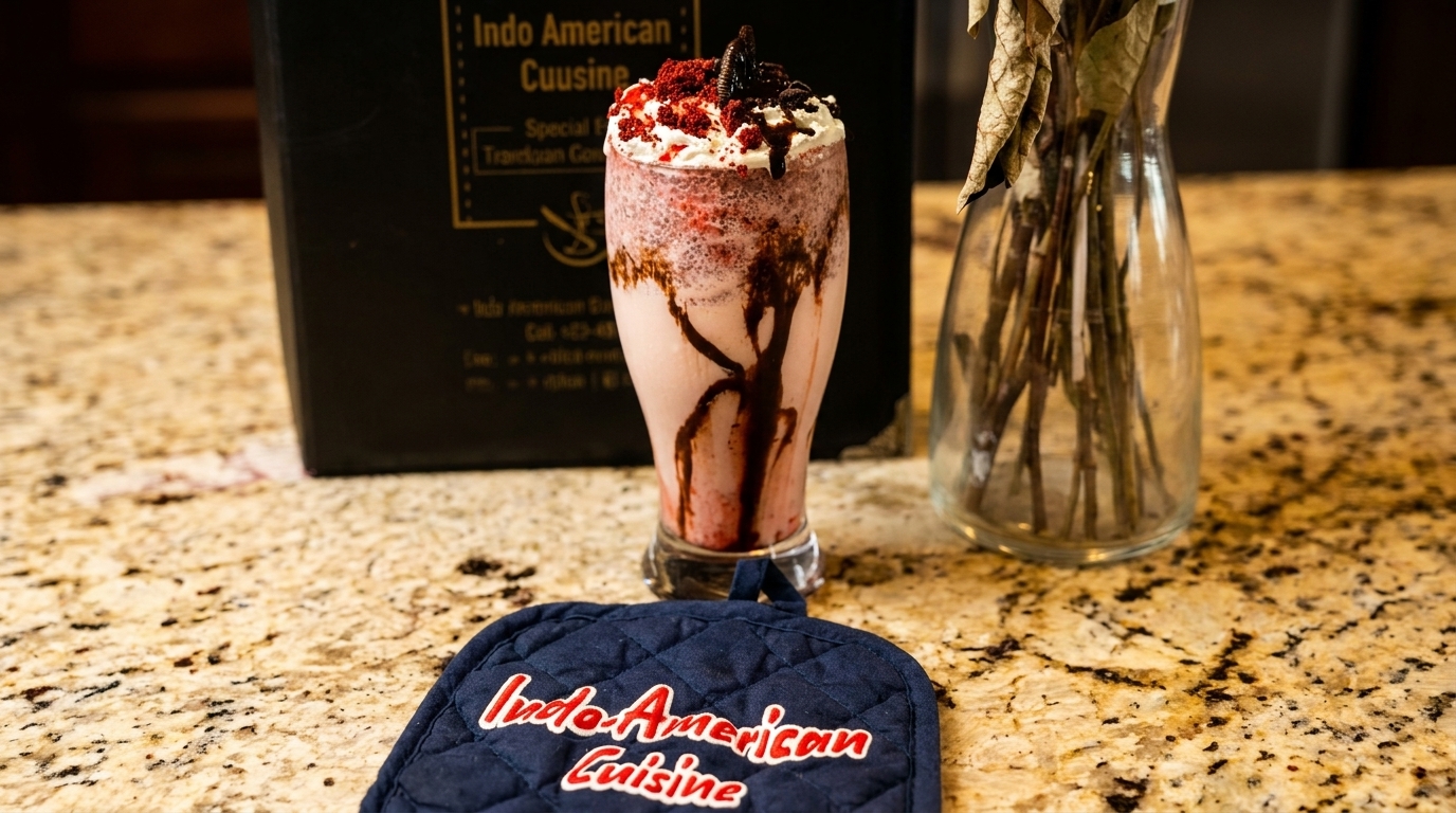 Red velvet milkshake with whipped cream and chocolate drizzle on a granite counter with a menu.