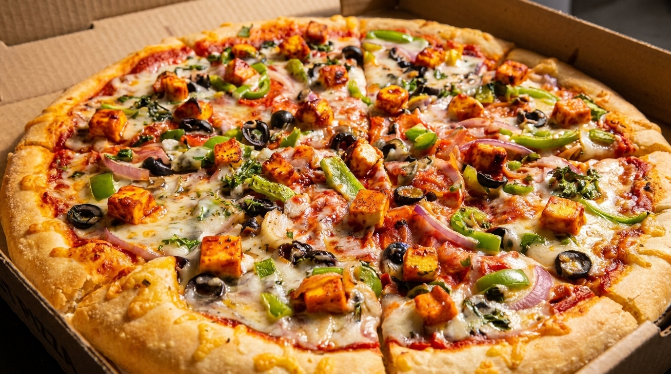 Close-up of a paneer tikka pizza with green peppers, red onions, and black olives in a box.