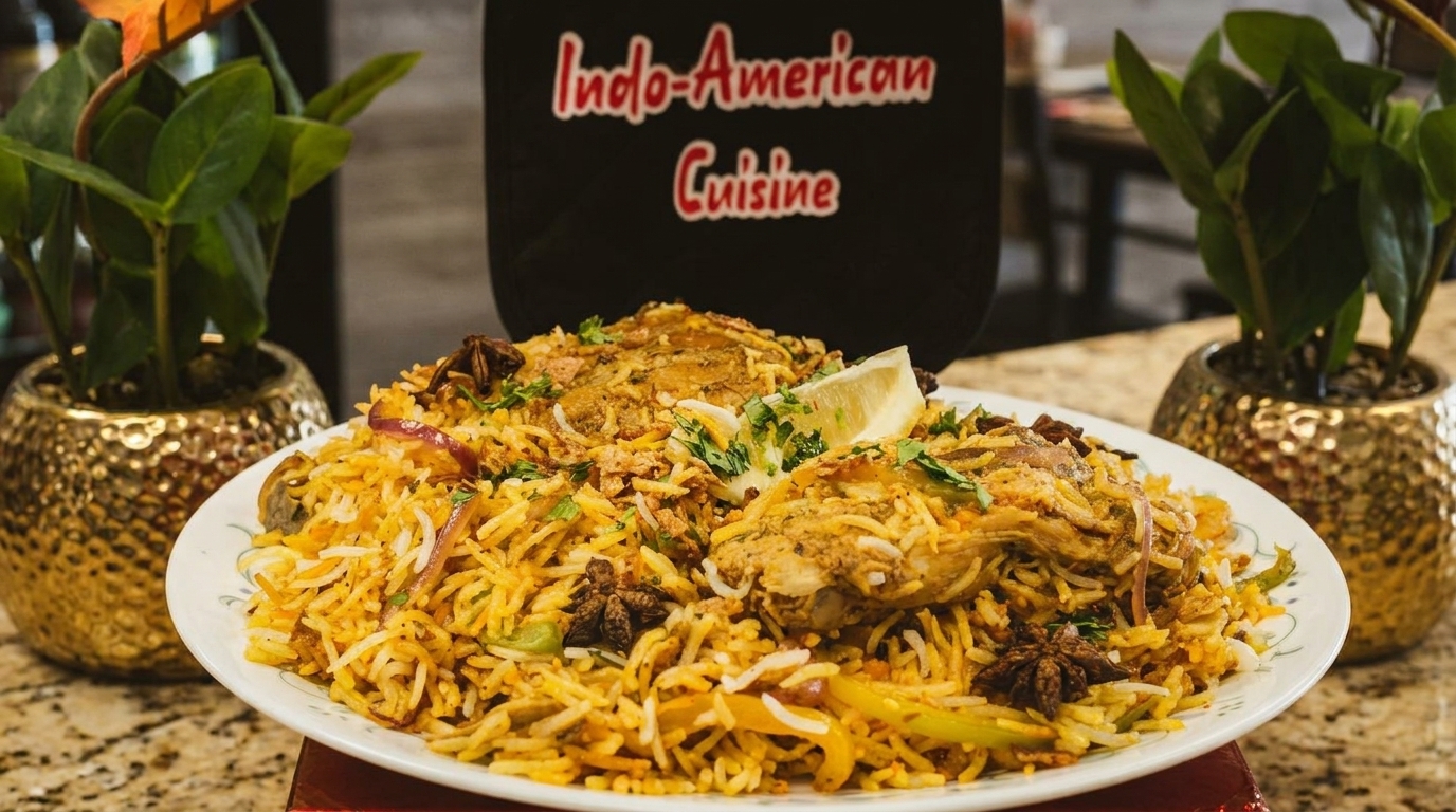 Chicken biryani with lemon and cilantro, in front of an "Indo-American Cuisine" sign.