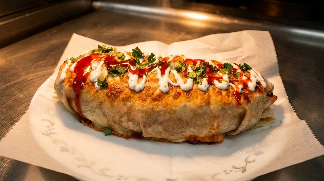 Large burrito topped with white sauce, red sauce, and fresh green herbs on a white paper-lined plate.