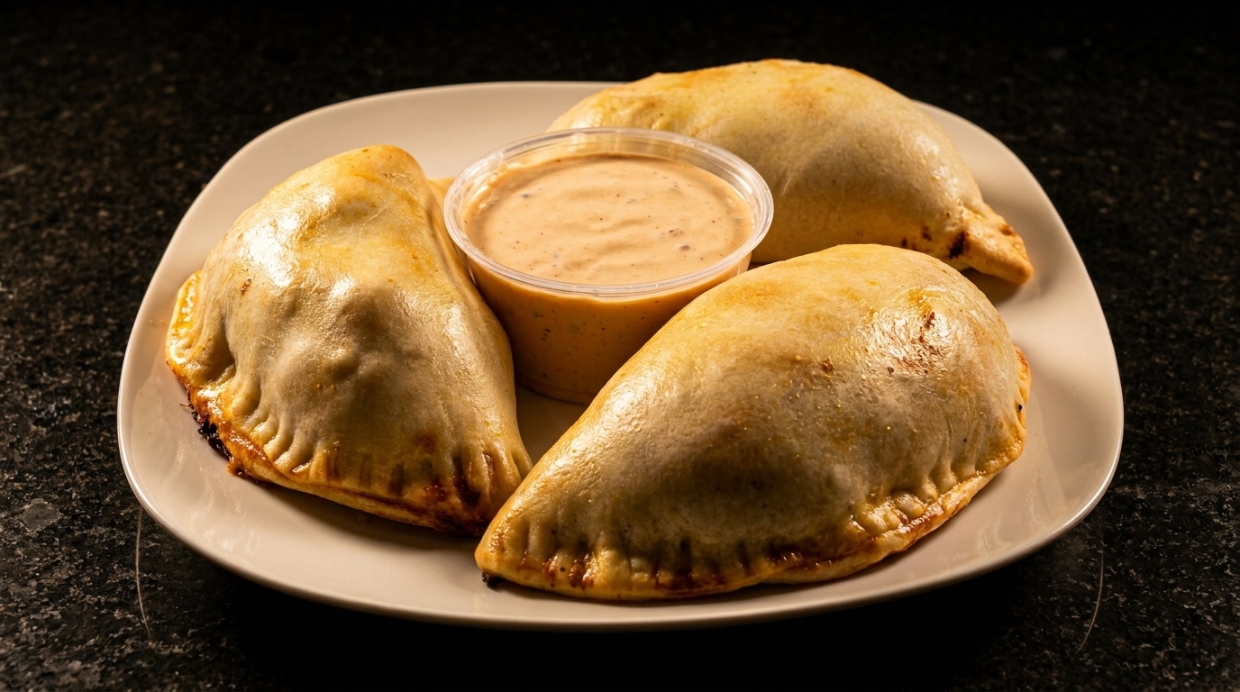 Three golden-brown empanadas and a cup of dipping sauce on a white plate.