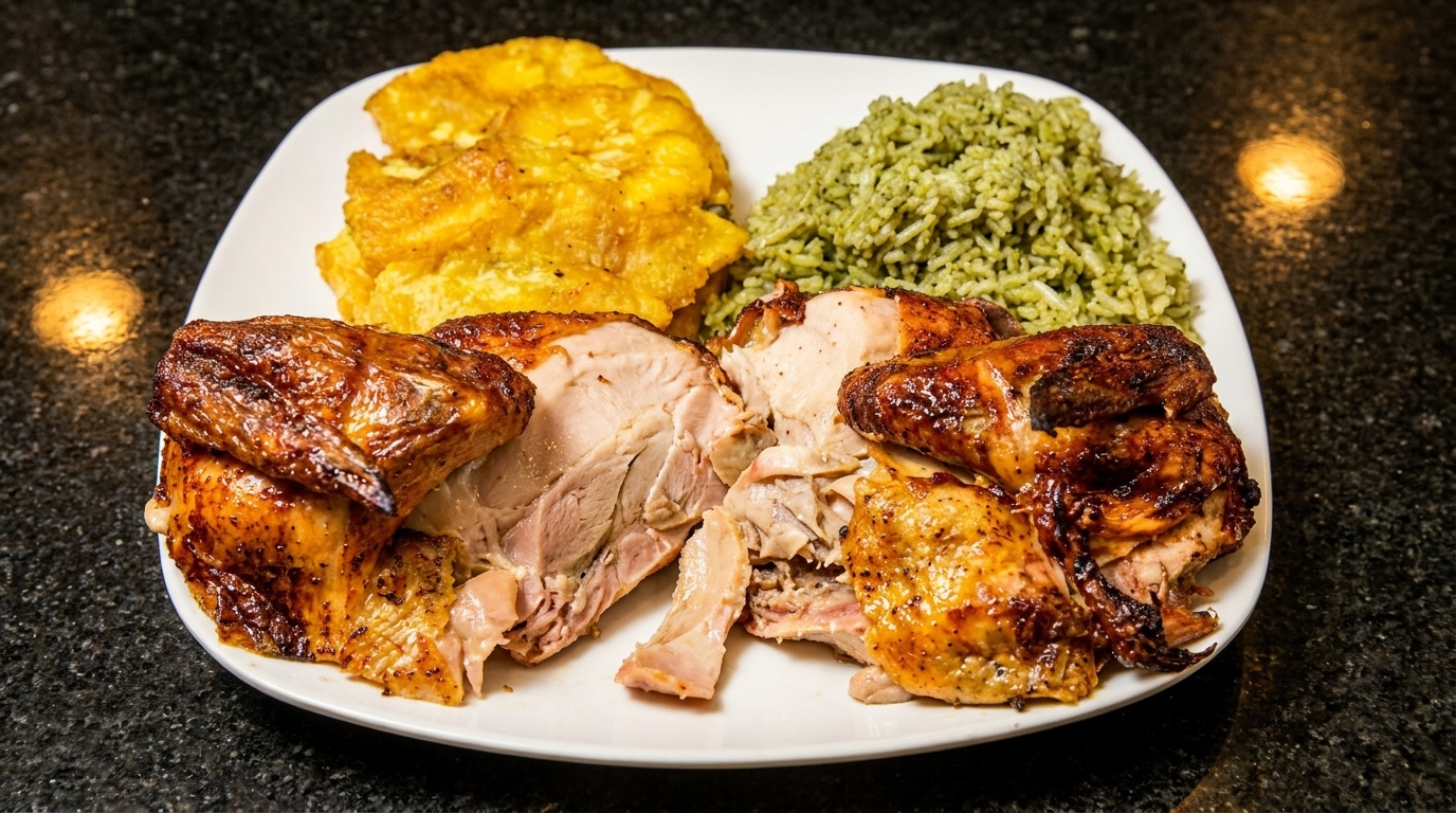 Roasted chicken pieces, green rice, and fried plantains on a white plate.