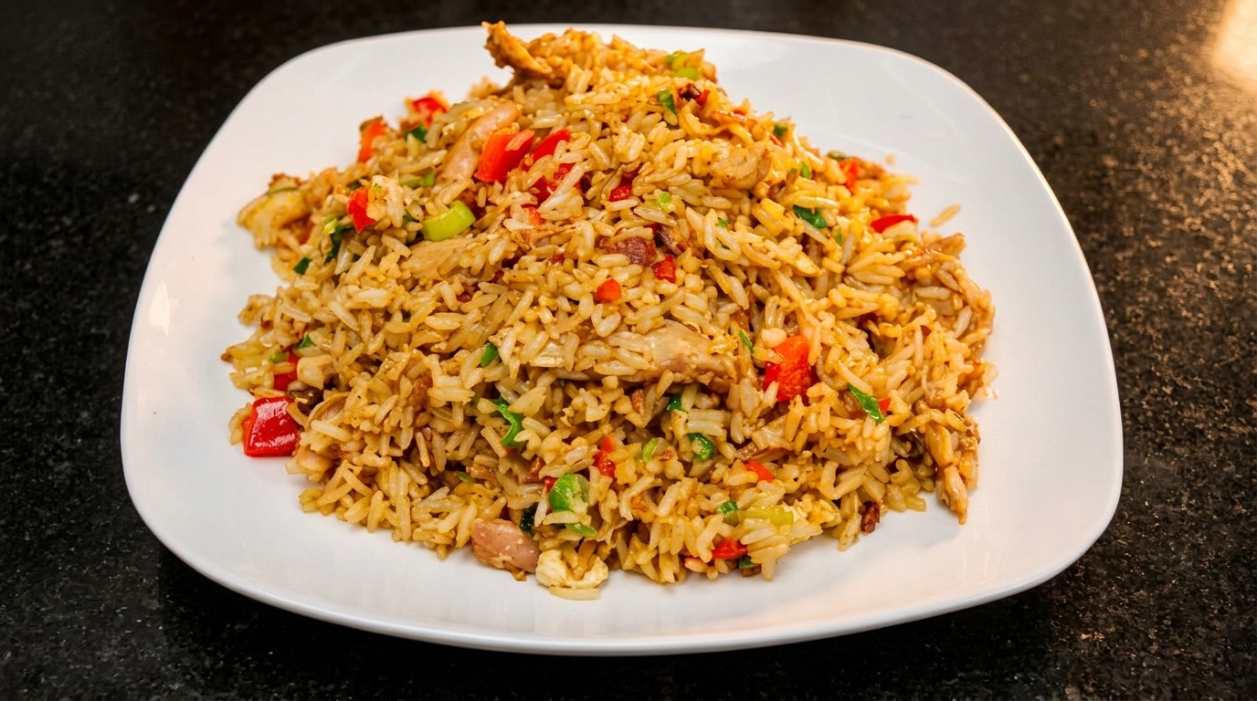 A white plate piled high with chicken fried rice, red peppers, and green onions.