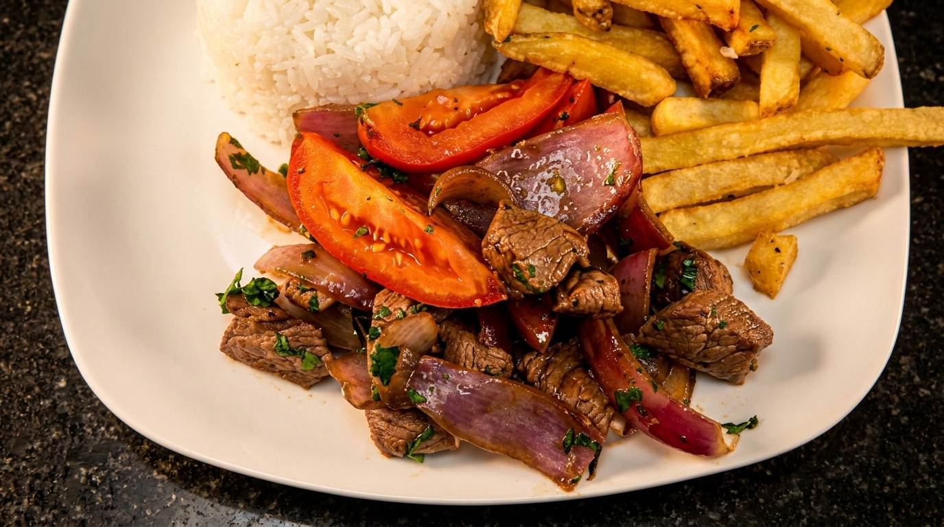 A white plate with Lomo Saltado, featuring beef, red onions, tomatoes, rice, and french fries.