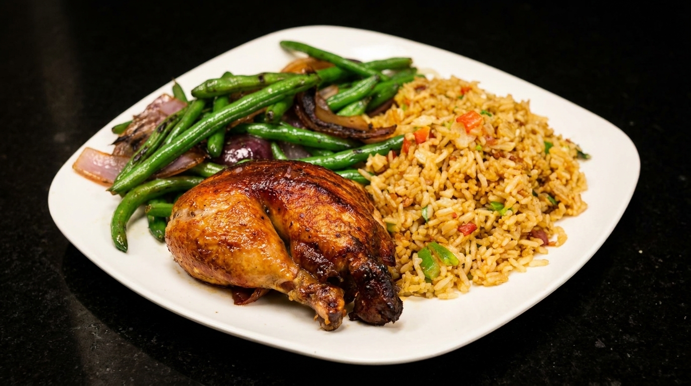 Roasted chicken leg quarter with green beans, red onions, and fried rice on a white plate.