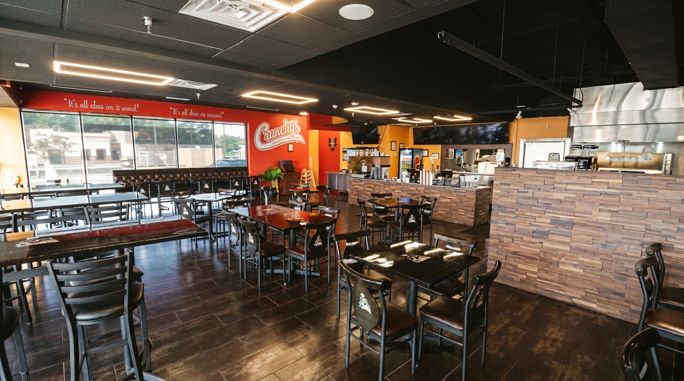 Spacious, empty restaurant interior with dark tables, chairs, and a long bar area with a wood-paneled counter.