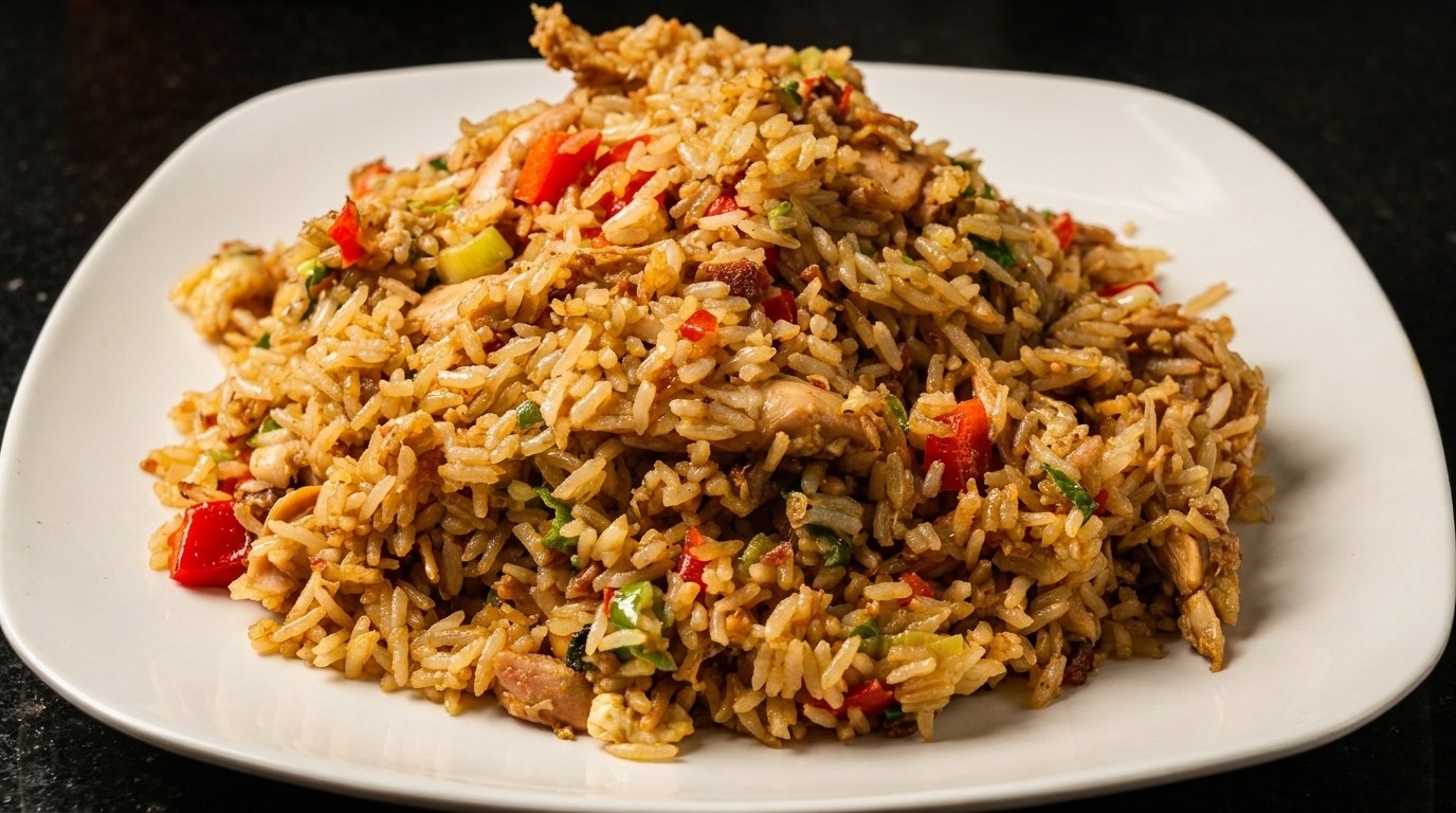 A large serving of chicken fried rice with red peppers and green onions on a white plate.
