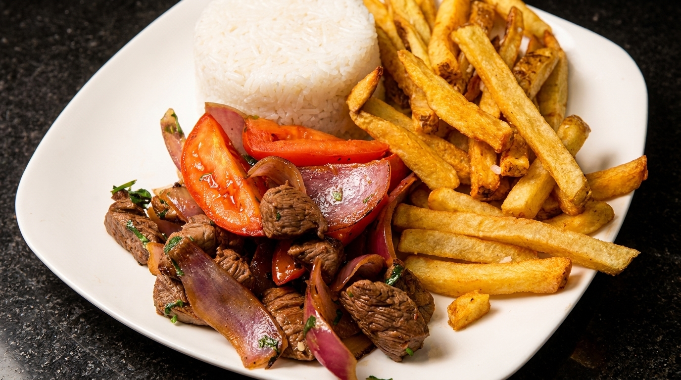 Lomo Saltado with steak, red onions, tomatoes, rice, and french fries on a white plate.