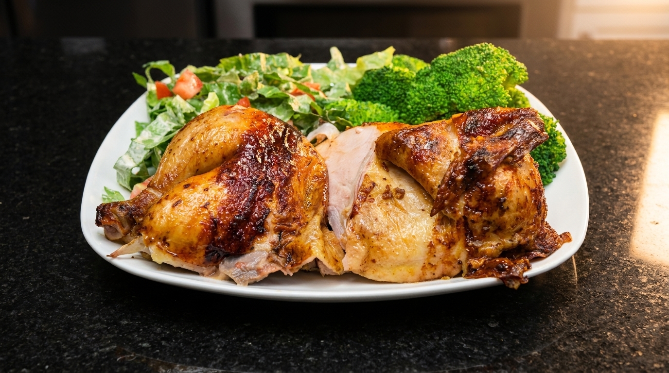 Roasted chicken with crispy skin, served with a side salad and steamed broccoli on a white plate.