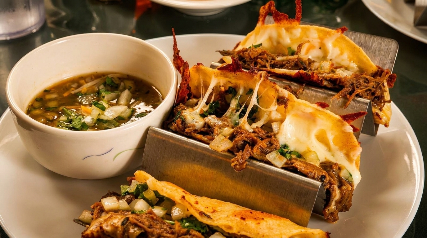 Three cheesy birria tacos with a side of consommé, garnished with onions and cilantro.