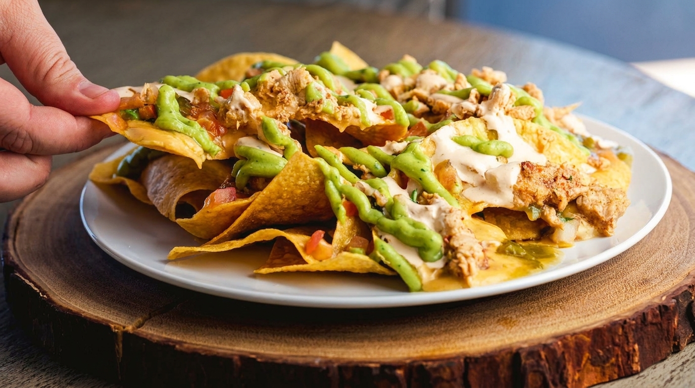A hand reaches for a nacho chip from a plate of loaded nachos with chicken, cheese, and guacamole.