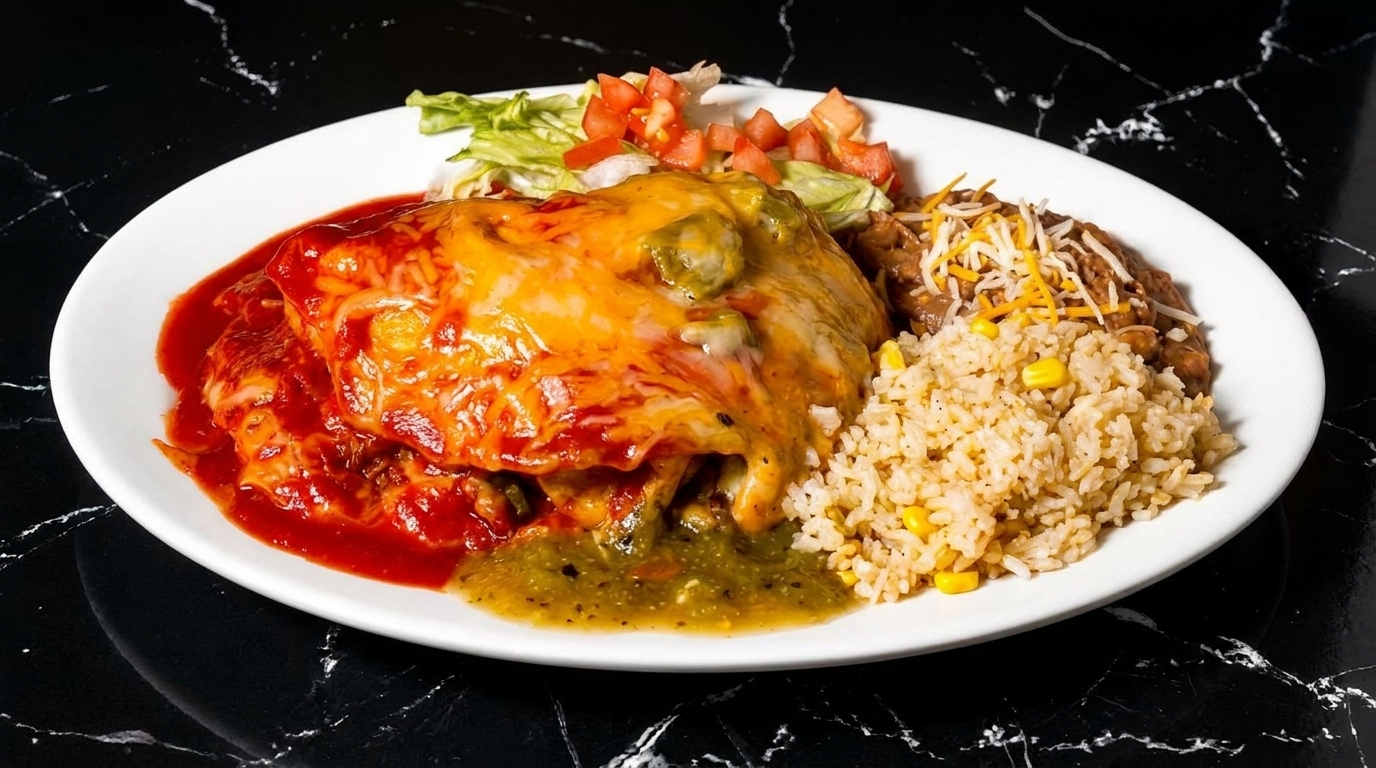 A plate of enchiladas with red and green sauce, rice, beans, and a side salad.