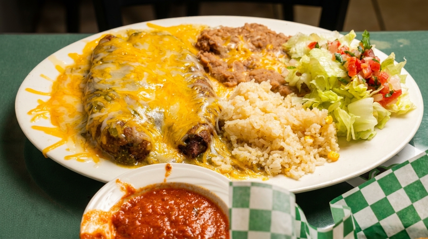 A plate of cheesy enchiladas, refried beans, rice, and a side salad with salsa.