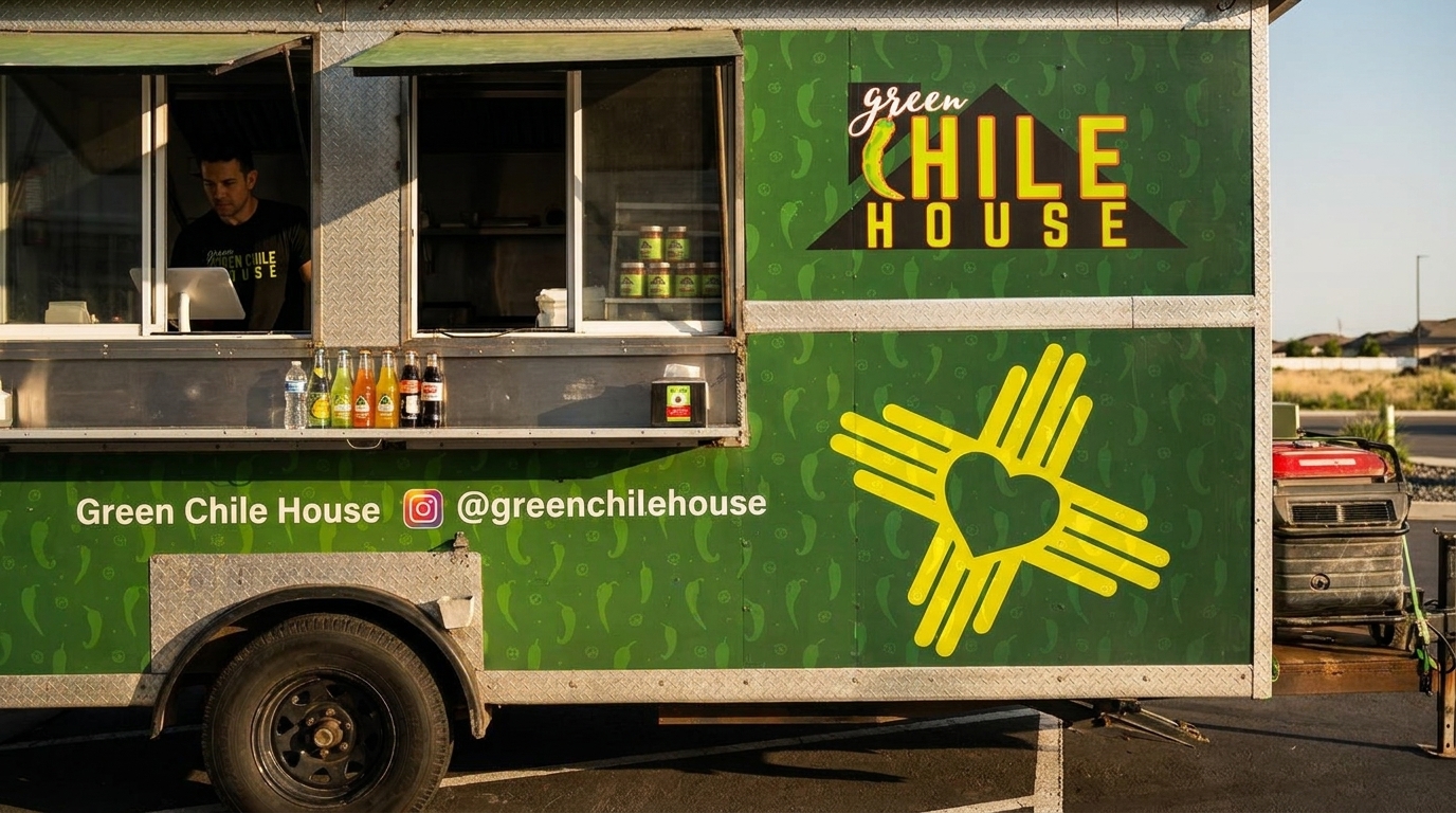 Green Chile House food truck with a worker inside, displaying drinks and branded jars.