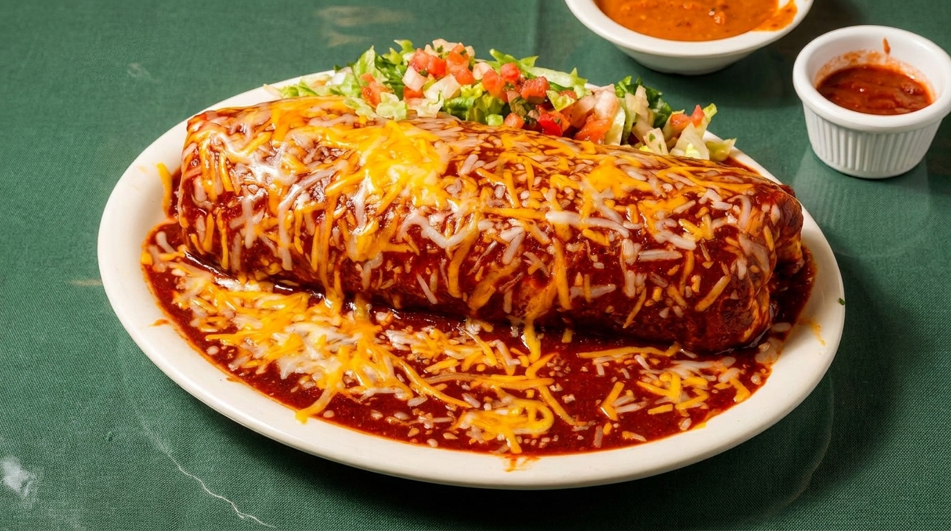 A large, cheese-covered wet burrito with red sauce, served with a side of lettuce and pico de gallo.