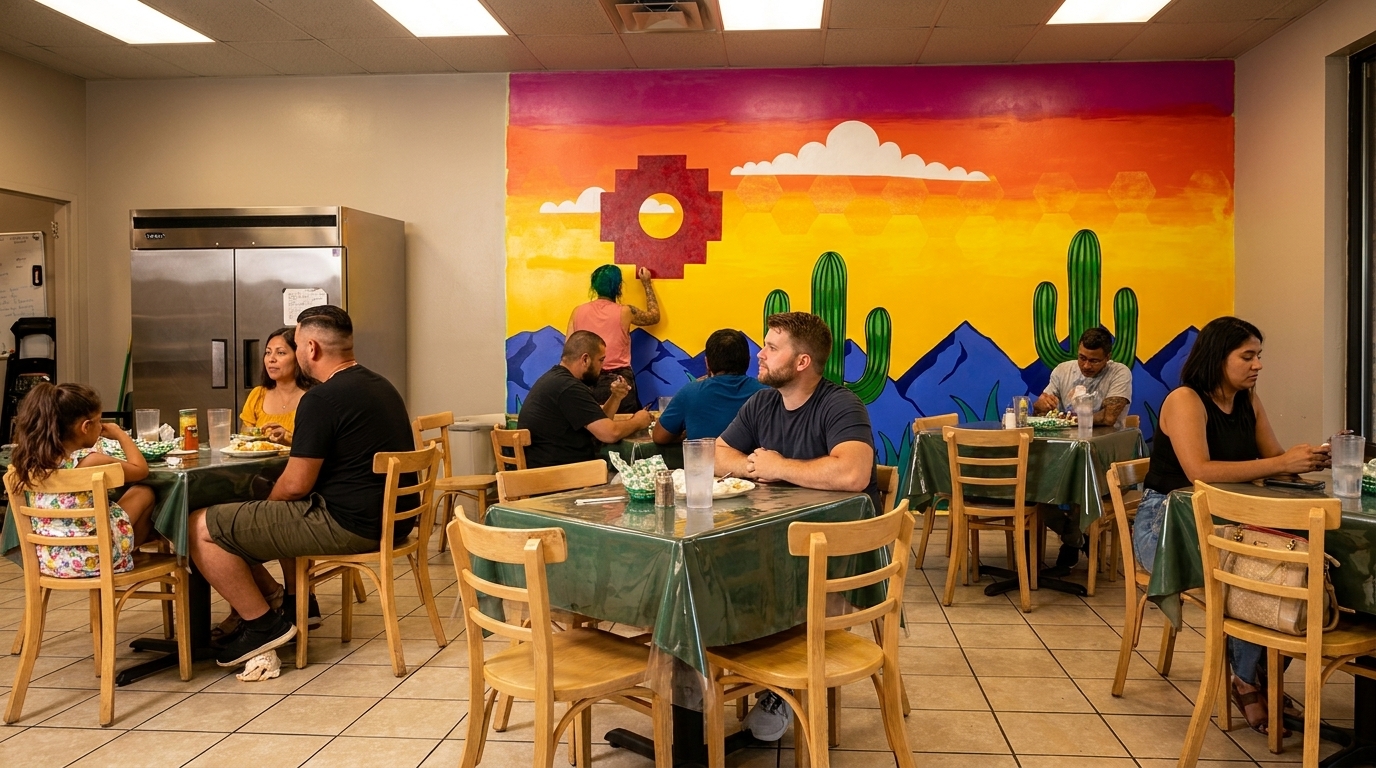 Diners eat at tables in a restaurant with a colorful desert mural and a person painting it.