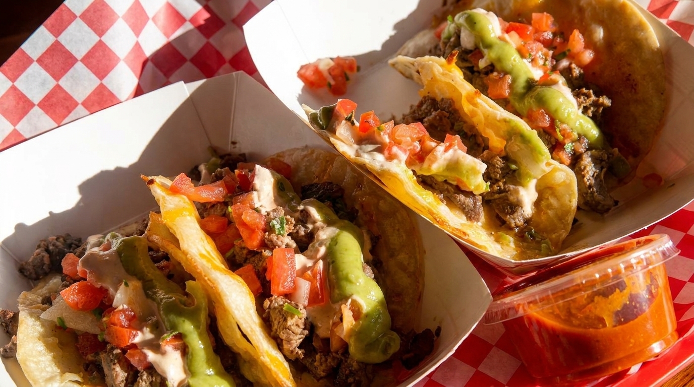 Two tacos with meat, pico de gallo, and green sauce in paper trays on a red and white checkered surface.