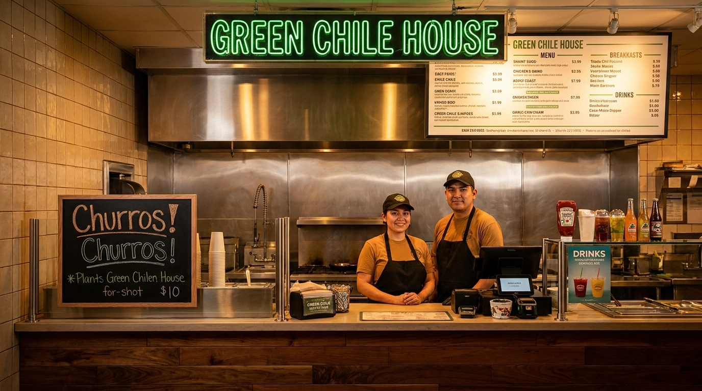 Two smiling Green Chile House employees stand behind the counter, ready to serve customers.