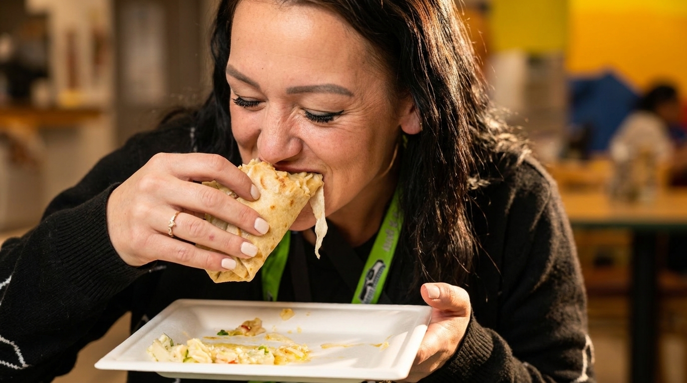 A woman in a black sweater happily takes a large bite of a cheesy burrito from a white plate.