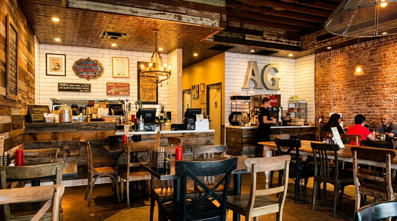 A rustic restaurant interior with brick walls, wooden tables, and patrons dining.