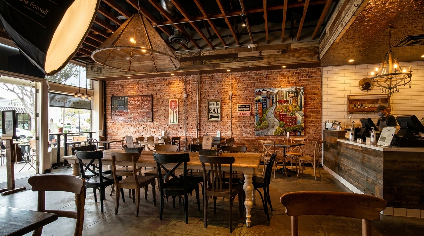 Rustic restaurant interior with brick walls, wooden tables, chairs, and a counter with a barista.