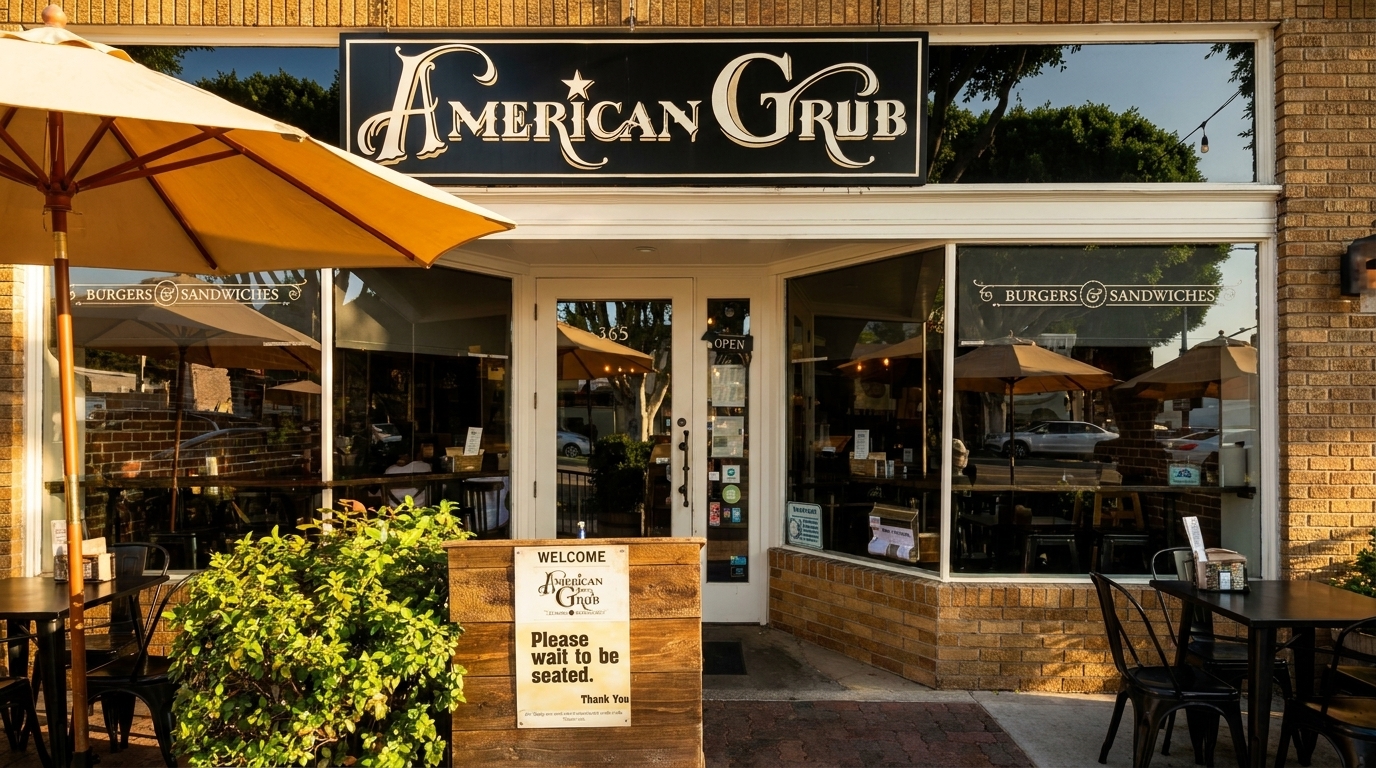 Exterior of American Grub restaurant with outdoor seating, umbrellas, and a "Please wait to be seated" sign.