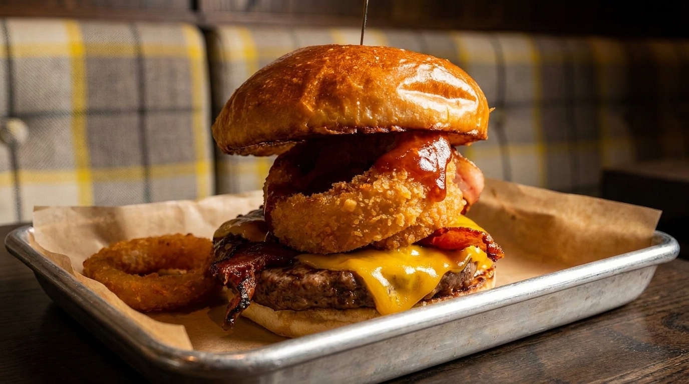 Gourmet burger with melted cheese, bacon, onion ring, and BBQ sauce on a metal tray.