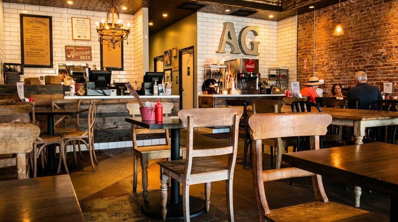 Rustic restaurant interior with wooden tables and chairs, a counter, and brick walls.