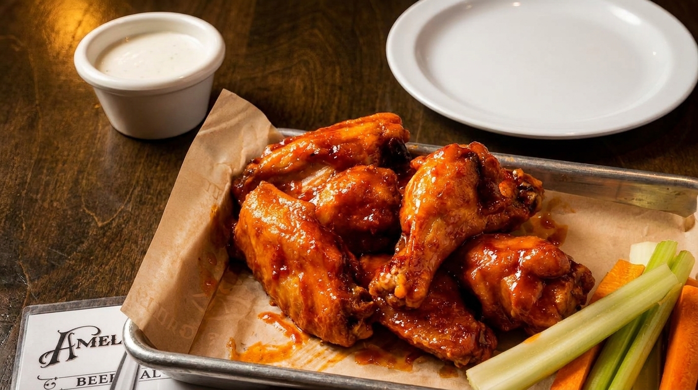 A metal tray of saucy chicken wings with celery and carrots, a side of ranch, and a plate.