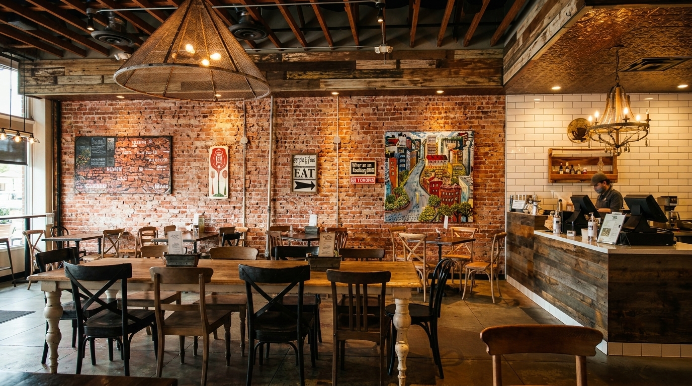 A rustic restaurant interior with brick walls, wooden tables, and a counter with a barista.