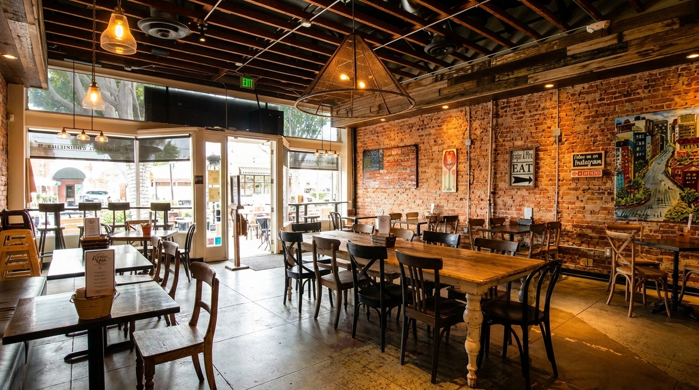 Rustic restaurant interior with exposed brick walls, wooden tables and chairs, and large windows.