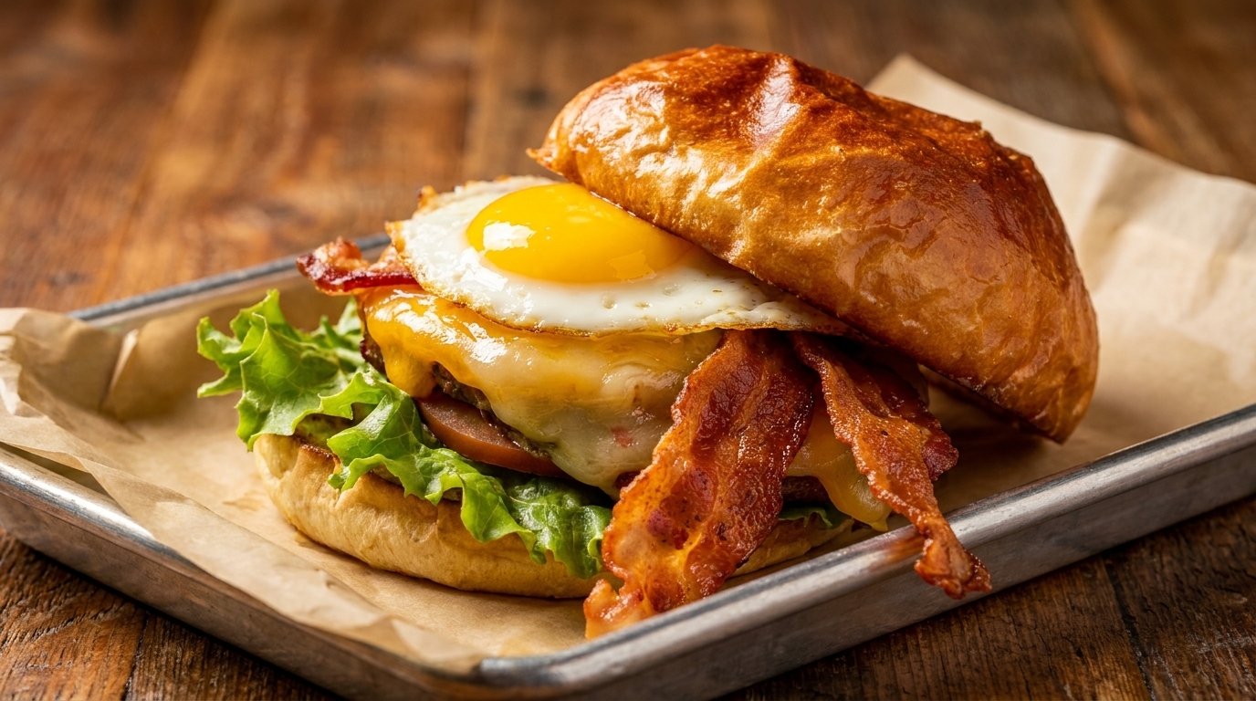 Gourmet burger with a fried egg, bacon, melted cheese, and lettuce on a bun.