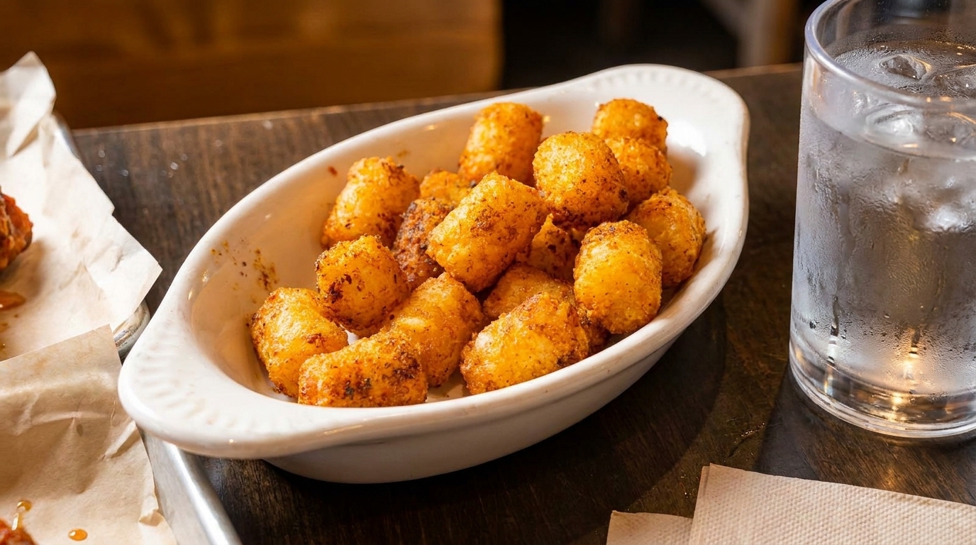 A white bowl of crispy tater tots next to a glass of iced water on a wooden table.