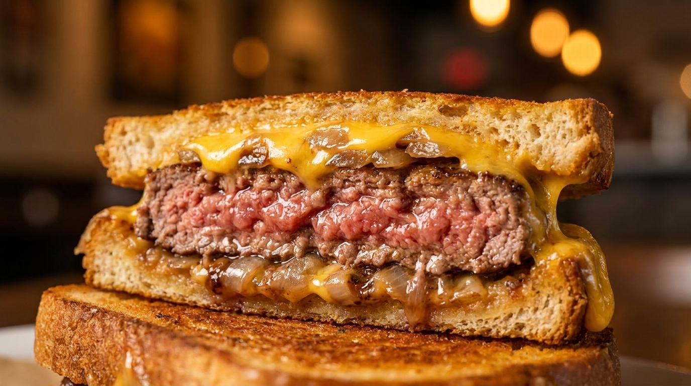 Juicy medium-rare burger patty with melted cheese and caramelized onions on toasted bread.
