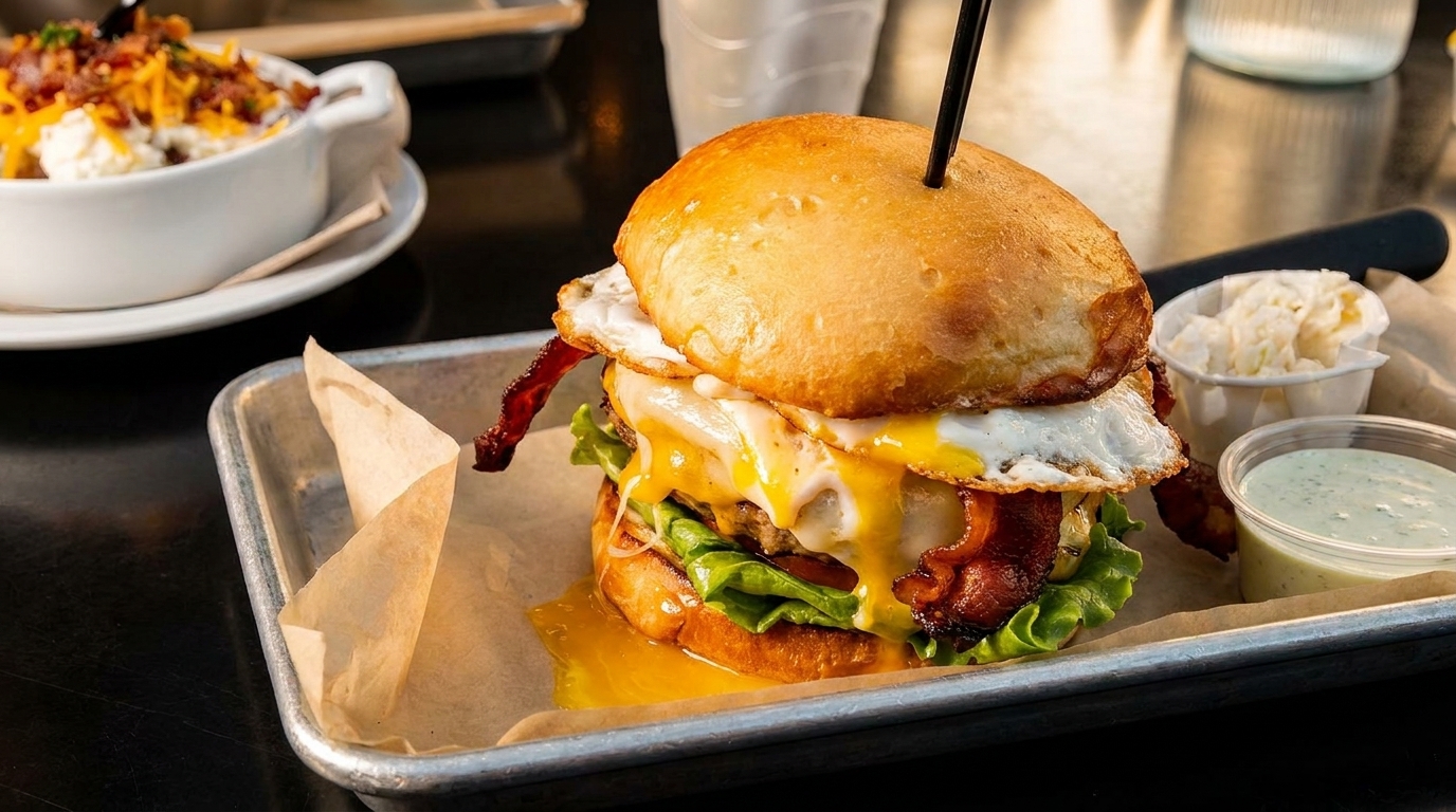 Juicy burger with melted cheese, fried egg, bacon, and lettuce, served with coleslaw and sauce.